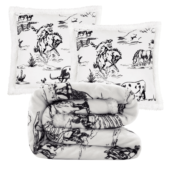 Indigo Hill Ranch Life 3 Piece Sherpa Throw Blanket Set, White Black Cowboy Cow Longhorn Horse Print Fleece Western Style
