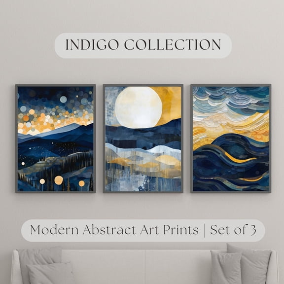 Indigo Honeycomb Abstract Art Print Set Modern Nature Trio Set 3