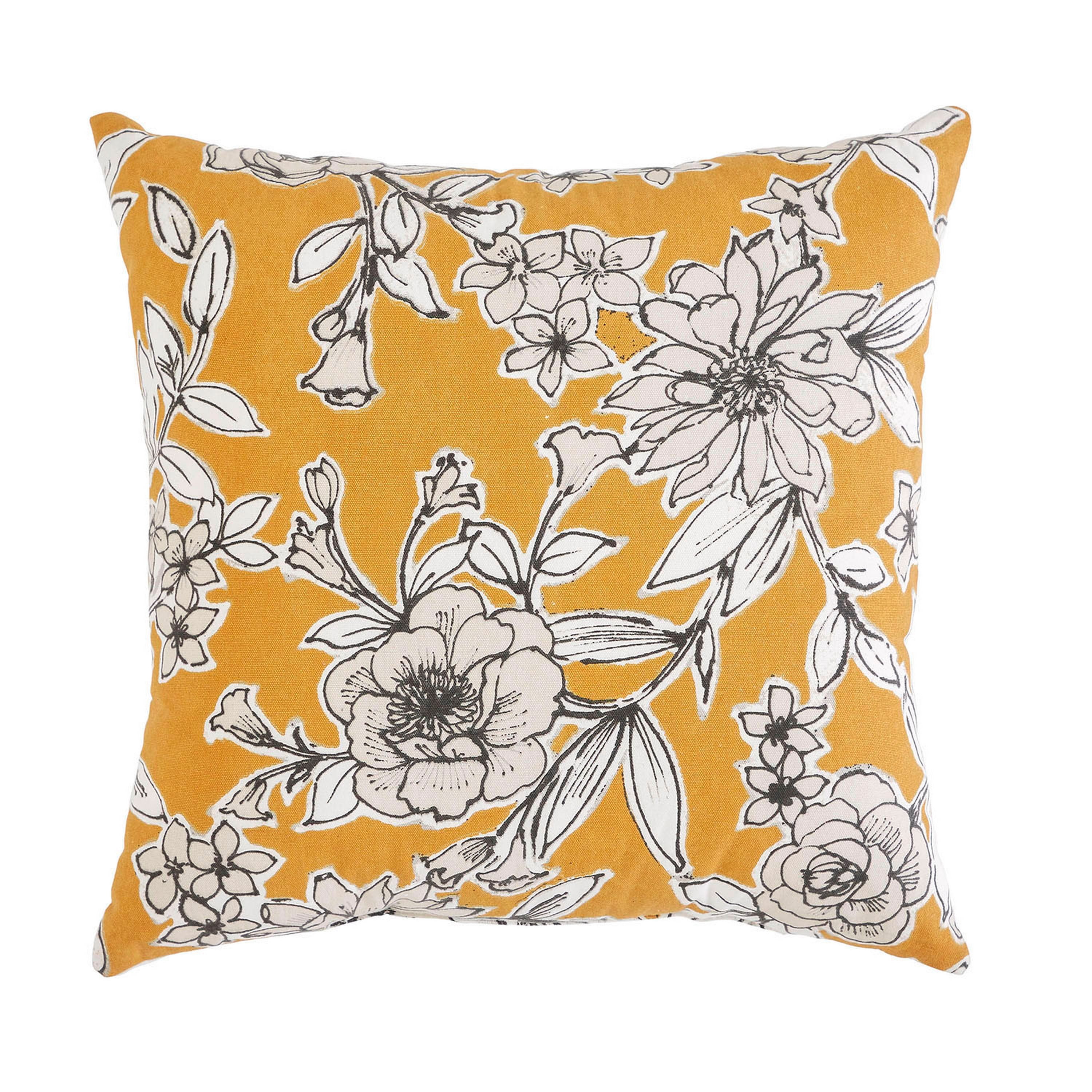 Indigo Ink Denim 20" x 20" Yellow Floral Boho Cotton Decorative Pillow