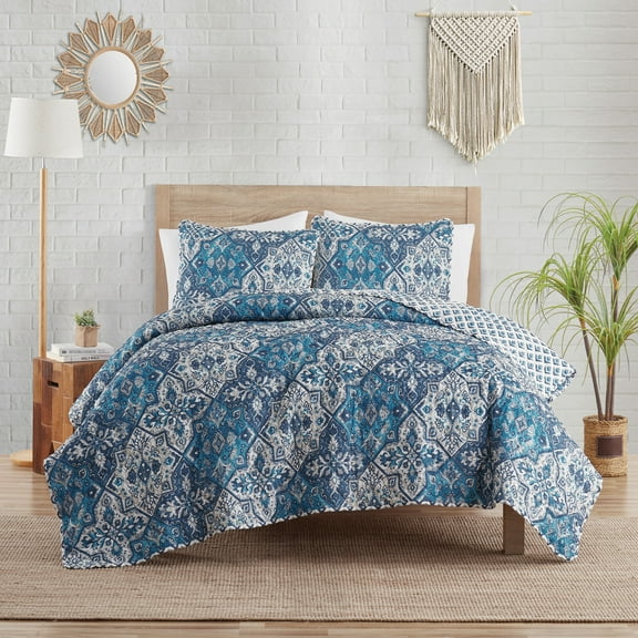 Indigo Ink Denim 3-Piece Blue Reversible Medallion Boho Quilt Set, King
