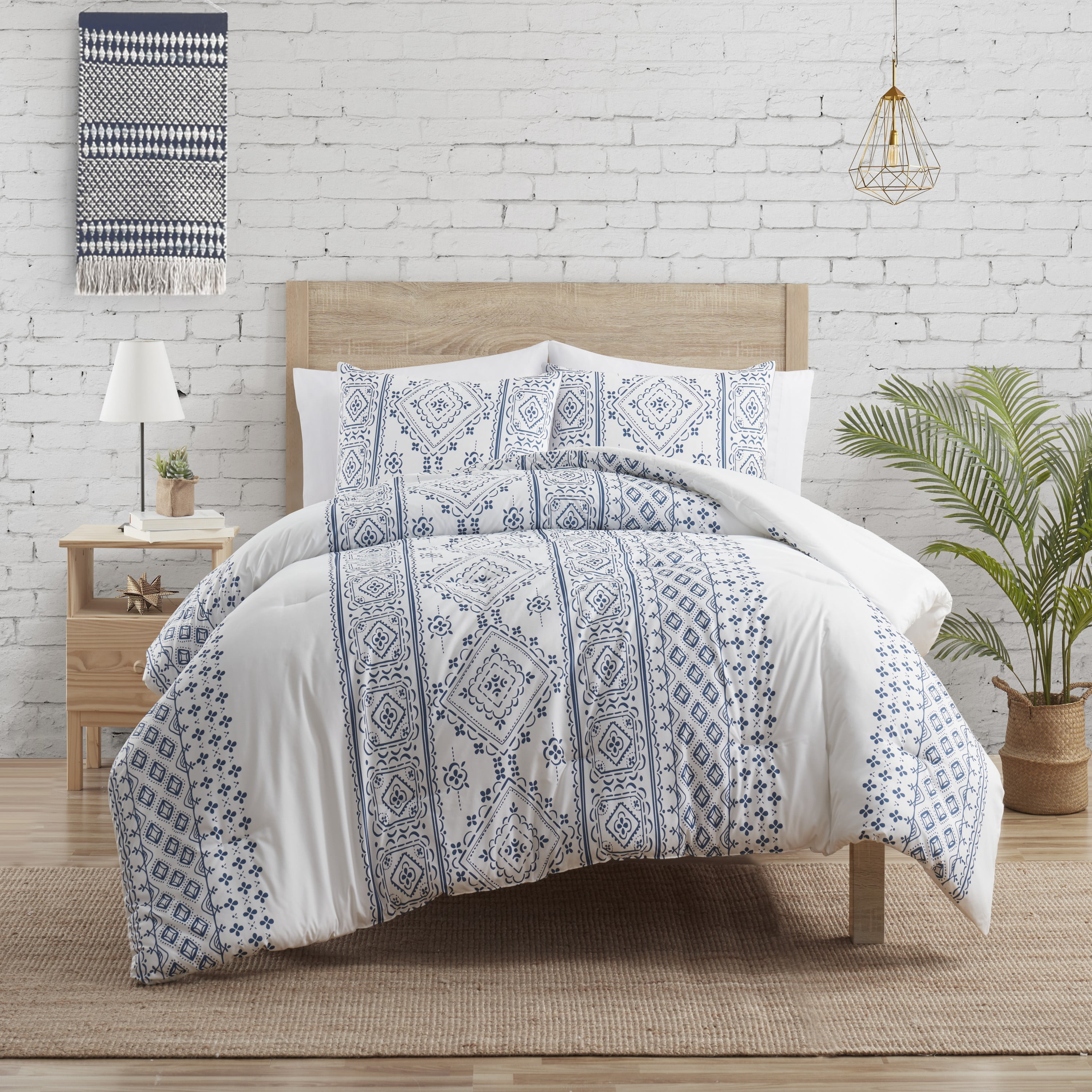 Indigo Ink Denim 3-Piece Navy Geometric Stripe Comforter Set, Full/Queen