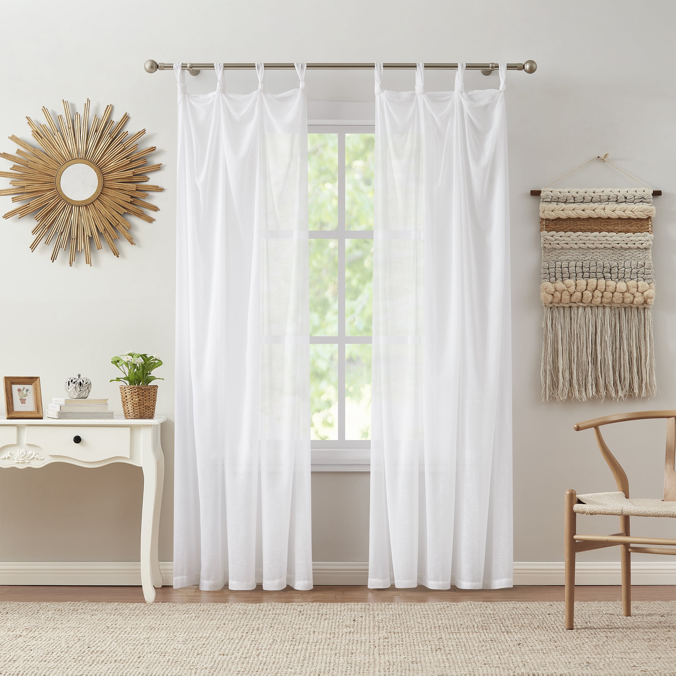 Indigo Ink Mia White Solid Knotted Tie Top Sheer Curtain Panel, 70" x 95"