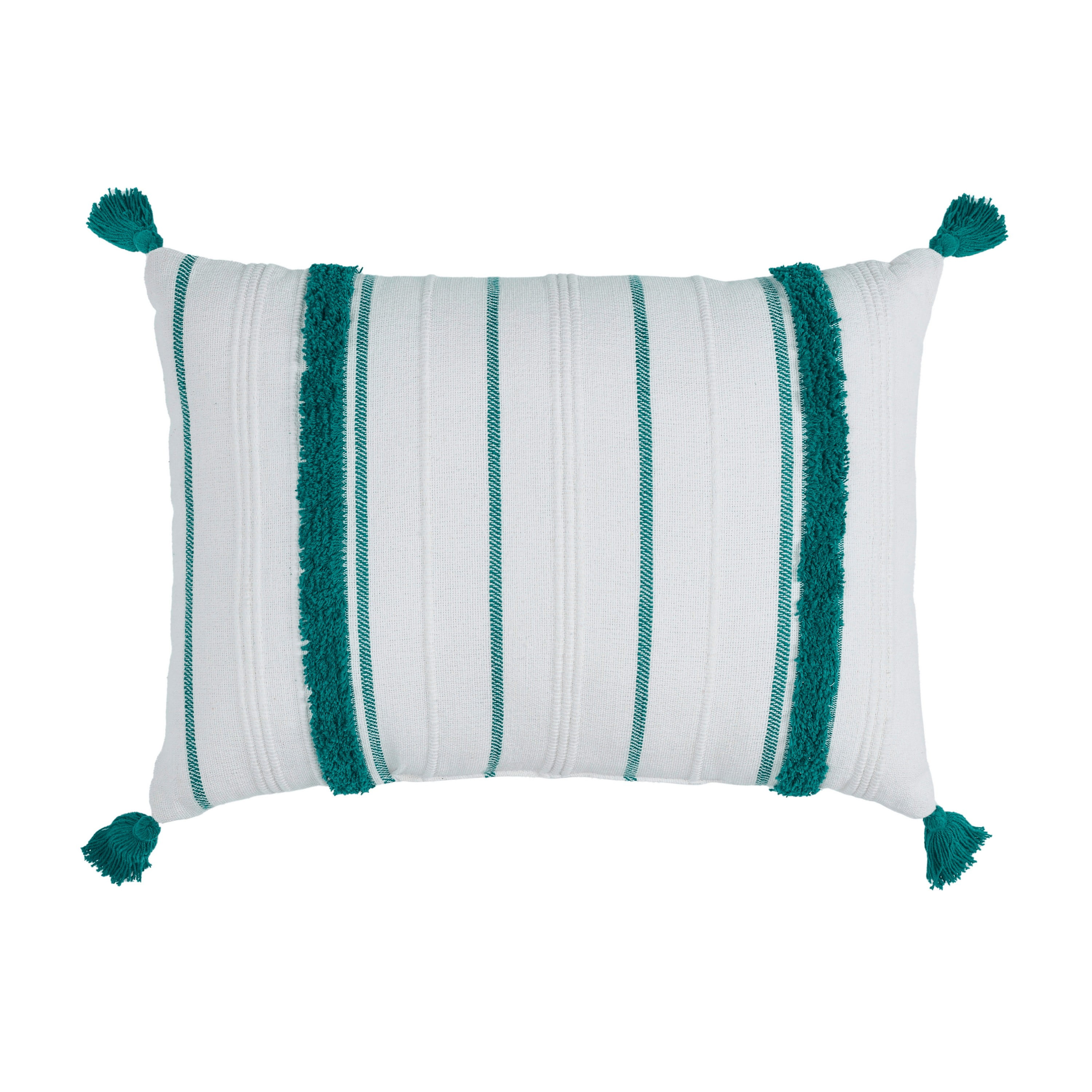 Teal and White Striped Cotton Lumbar Pillow with Tassels