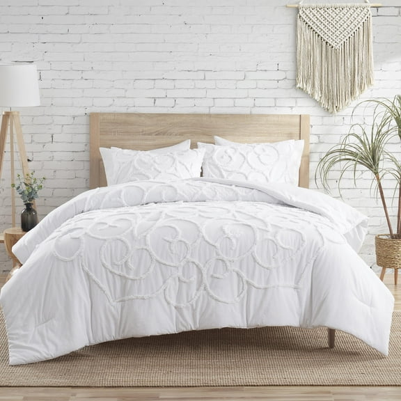 Indigo Ink Tufted Boho 3-Piece White Medallion Comforter Set, Full/Queen