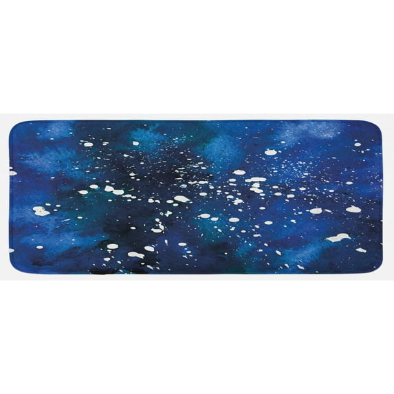 Indigo Kitchen Mat, Grunge Space Time Inspired Ombre Colored Modern Image, Plush Decorative Kitchen Mat with Non Slip Backing, 47" X 19", Pale Blue Dark Blue, by Ambesonne
