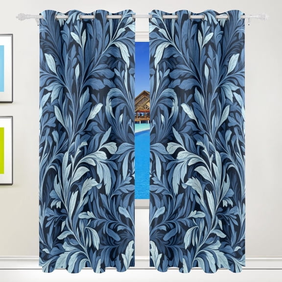 Indigo Leaf Art Prints Blackout Curtains for Living Room Bedroom 55W x 72/84L Insulated Window Drapes 2 Panels