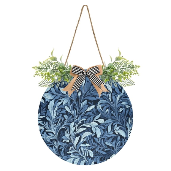 Indigo Leaf Art Prints Front Door Porch Decoration Hanging Sign with Artificial Green Plants and Bow for Home Outdoor Indoor