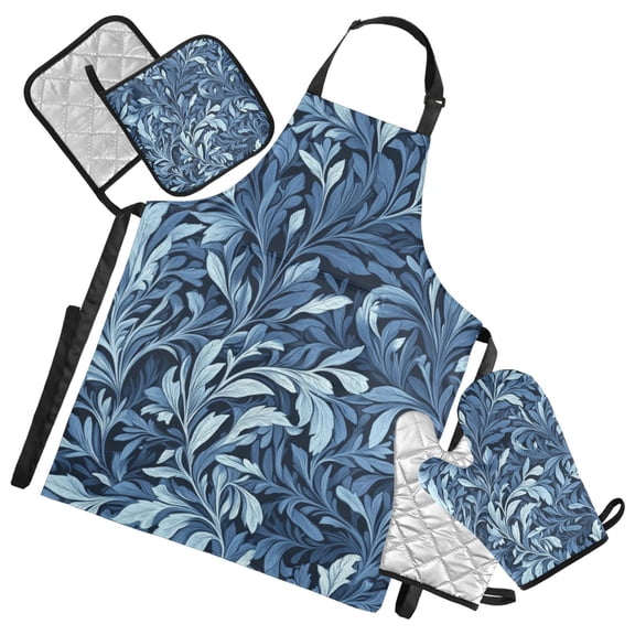 Indigo Leaf Art Prints Oven Mitts and Pot Holders with Chef Apron Set 5 Pcs Kitchen Cooking Set