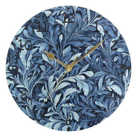 Indigo Leaf Art Prints Round Wall Clock Silent Battery Operated Home Decor for Living Room Bedroom
