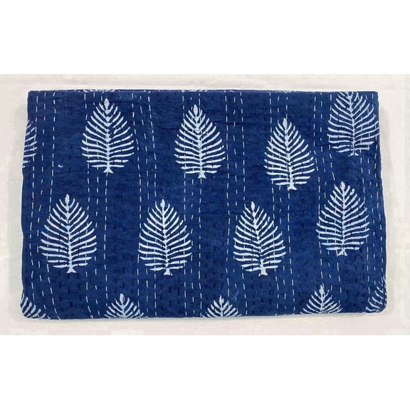 Indigo Leaf Block Print Indian Kantha Quilt – Handmade Pure Cotton Bedspread, Lightweight Boho Bedding, Quilted Throw Blanket