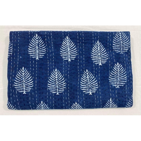 Indigo Leaf Block Print Indian Kantha Quilt – Handmade Pure Cotton Bedspread, Lightweight Boho Bedding, Quilted Throw Blanket