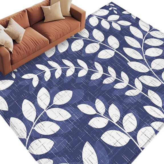 Indigo Leaves Area Rug 5x7 Washable Rug Non Slip Farmhouse Botanical Leaf Branch Vintage Modern Large Area Rug Soft Stainresistant Indoor Carpet for Living Room Bedroom Office Dining Room Nursery