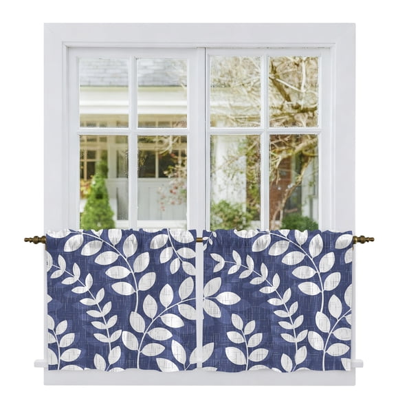 Indigo Leaves Tier Curtains 24 Inch Length, Farmhouse Botanical Leaf Branch Vintage Modern Cafe Curtains for Bathroom Over Sink, Small Kitchen Curtain Light Filtering Drapes 2 Panels 27.5"Wx24"L