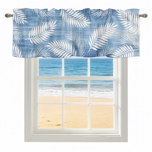 Indigo Linen Palm Leaves Valances for Windows, Rod Pocket Kitchen Valance Curtains - Soft & Washable Small Window Treatment for Living Room, Bathroom, Tropical Ferns Fronds 42x12inch, 1 Panel