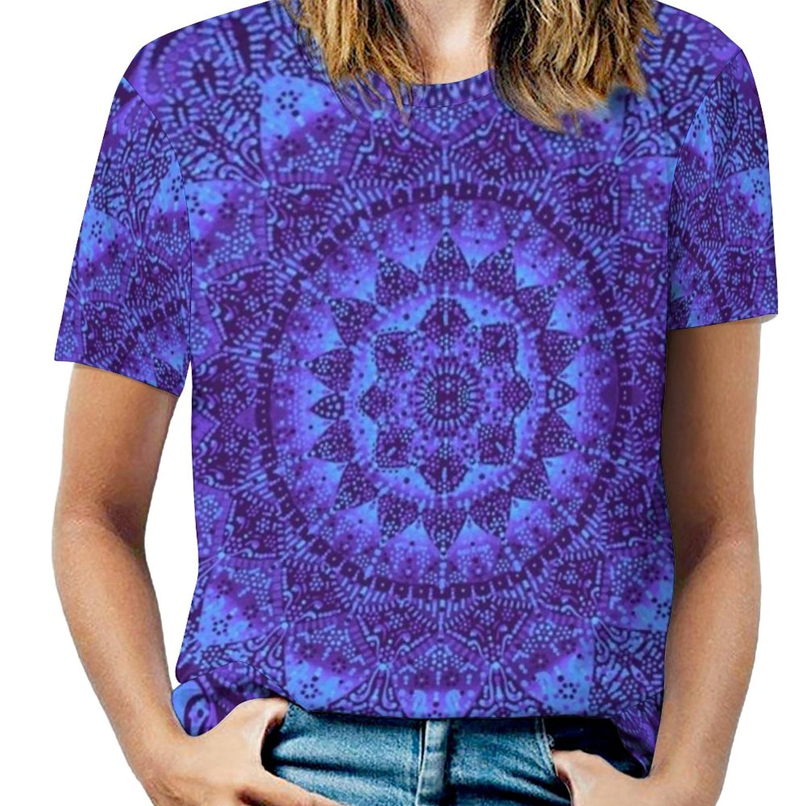 Indigo Mandala New Fashion Zip Off Shoulder Top Short-Sleeve Women ...