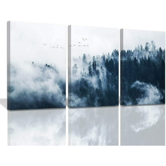 Indigo Misty Forests Wall Pictures for Bedroom Modern 3 Pieces Canvas Wall Art Mountain Forest in Fog Navy Blue Wall Decorations Canvas Art Evergreen Coniferous Trees Gallery Wrapped 12x16inches x3pcs