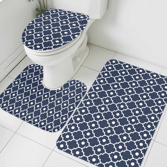 Indigo Morocco Bathroom Rugs Set Pearl Texture Modern Geometric Art Non Slip Absorbent Soft Bath Mats 3 Piece Set with Bathroom Rug, U-Shaped Floor Mat, Toilet Seat Cover Small Size