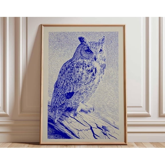 Indigo Owl Linocut Wall Art Print