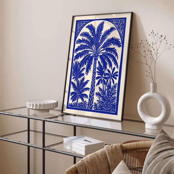 Indigo Palm Tree Linocut Retro Coastal Wall Art Design 2 Unframed Paper Print