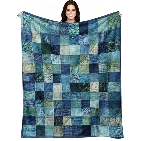 Indigo Patchwork Quilt Flannel, Mosaic Flannel Fleece, Modern Boho Style, Cozy Throw Blanket, Warm Aesthetic Comfort, Home Decor Blanket, Couch Sofa Decor