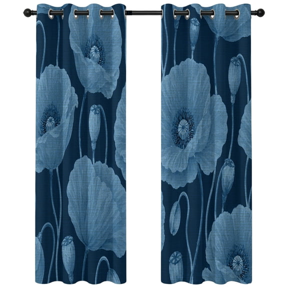 Indigo Poppies Blackout Curtains 84 Inches Long, Vintage Floral Buds Stems Foliage Garden Thermal Insulated Room Darkening Drapes with Grommets for Living Room 52"W x 84"L, 2 Panels