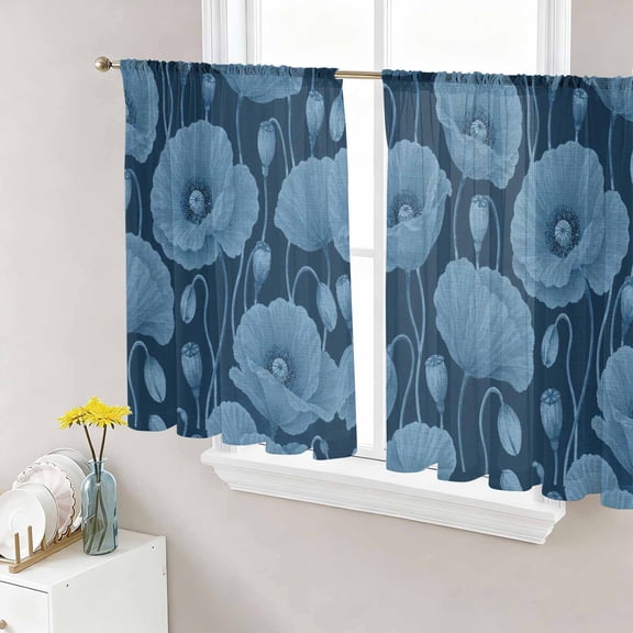 Indigo Poppies Sheer Curtains for Living Room Bedroom, Vintage Floral Buds Stems Foliage Garden Light Filtering Sheer Curtain Rod Pocket Voile Window Treaments Drapes, 52 x 45 Inches