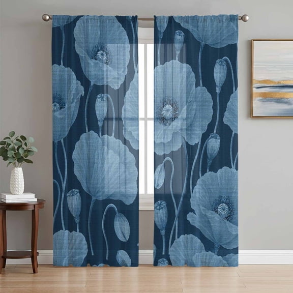 Indigo Poppies Sheer Curtains for Living Room Bedroom, Vintage Floral Buds Stems Foliage Garden Light Filtering Sheer Curtain Rod Pocket Voile Window Treaments Drapes, 52 x 108 Inches