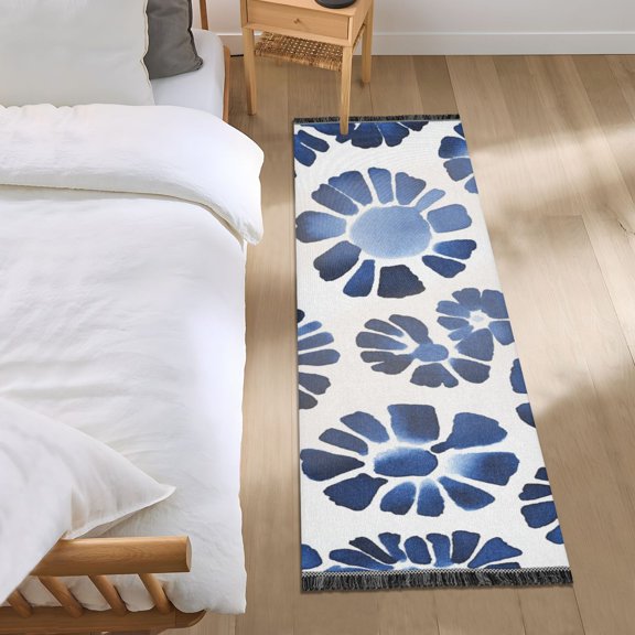Indigo Print on White Bedroom Runner Rug 2'x 6' Non Slip Carpet Indoor Home Area Rug Living Room