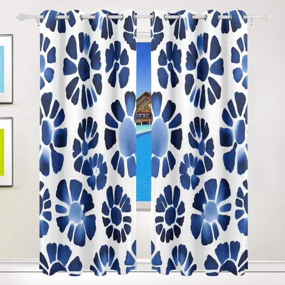 Indigo Print on White Blackout Curtains for Living Room Bedroom 55W x 72/84L Insulated Window Drapes 2 Panels