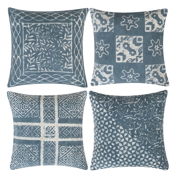 Indigo Printed Pillowcase Wool Jute Decorative Throw Cushion Cover for Home Bedroom Décor (4pcs,18")