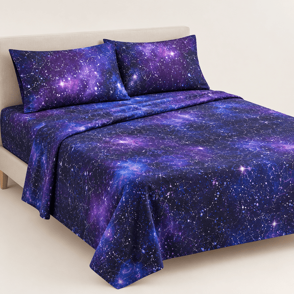 Indigo Purple King Size 4-Piece Celestial Space Astrology Bed Sheet Set