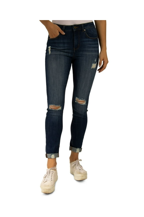 Indigo Rein Destructed High-Rise Rolled-Cuff Skinny Jeans, Dark Blue, 3