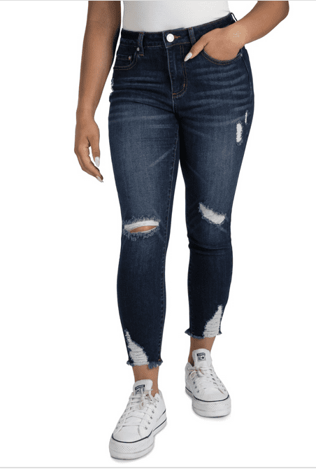Indigo Rein Juniors' Curvy Mid-Rise Distress Skinny Jeans Dark