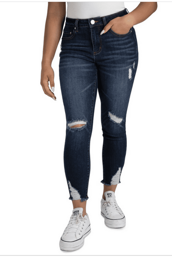 Juniors' Curvy Mid-Rise Distress Skinny Jeans - Dark Blue