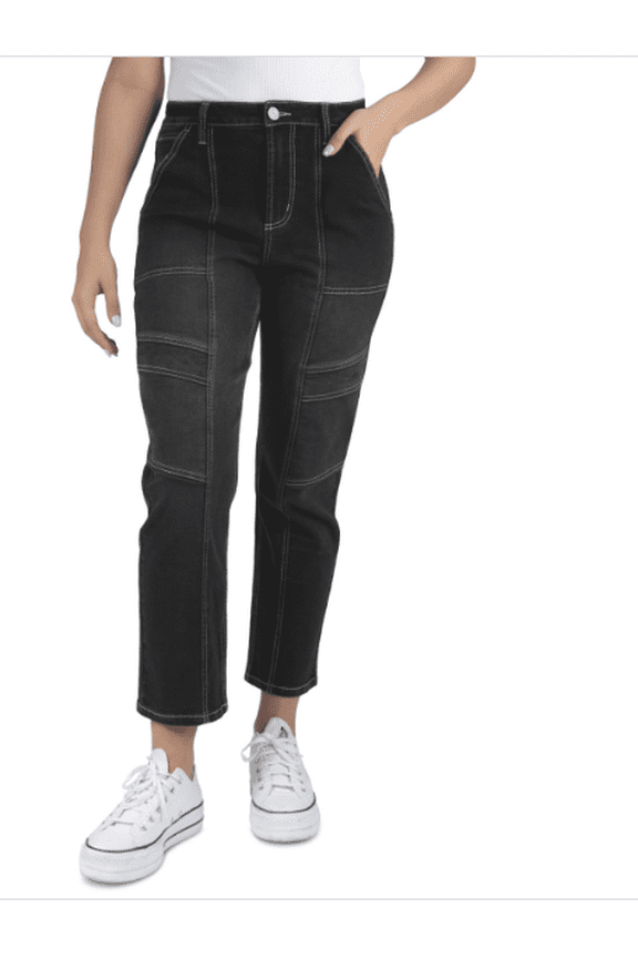 Juniors' High-Rise Seamed Straight-Leg Jeans - Black