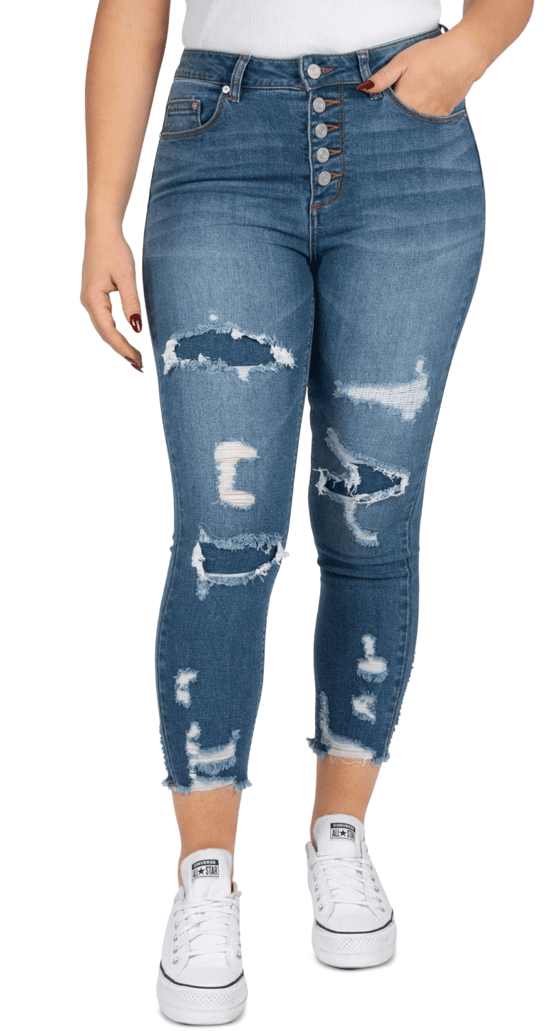 Indigo Rein MED BLUE High Rise Button Fly Distressed Cropped Jeans