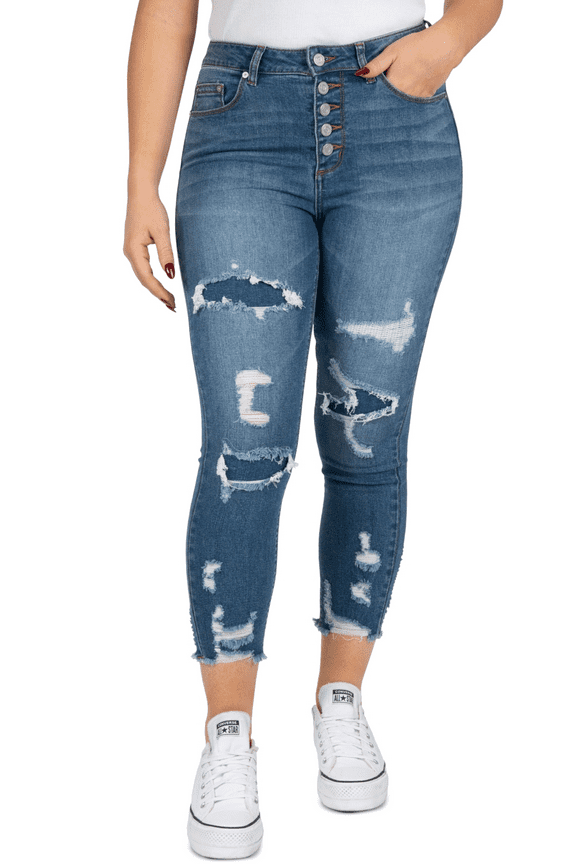 MED BLUE Women's High Rise Button Fly Distressed Cropped Jeans, US 5
