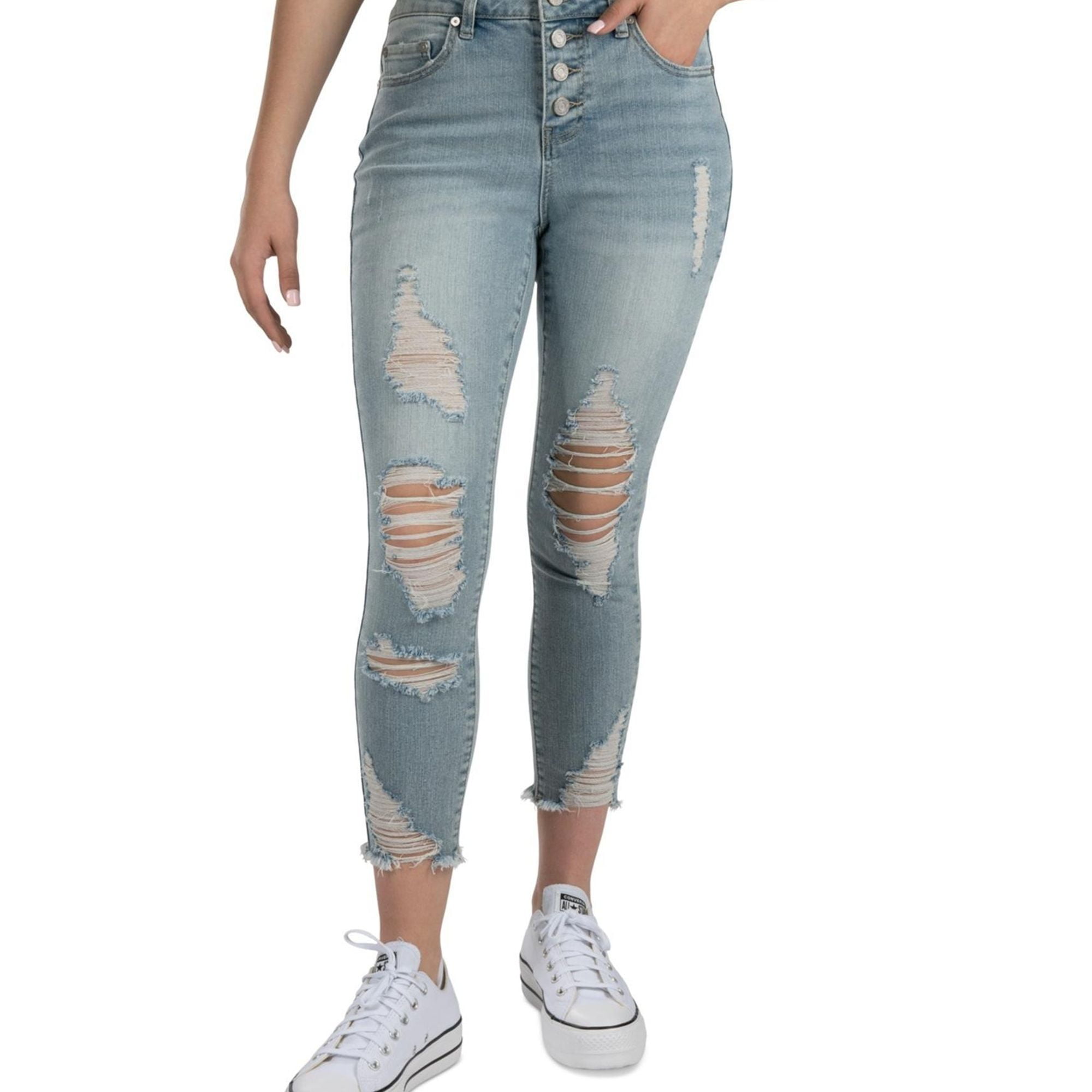 Indigo Rein Womens Distressed Button Front Skinny Fit Jeans, Blue