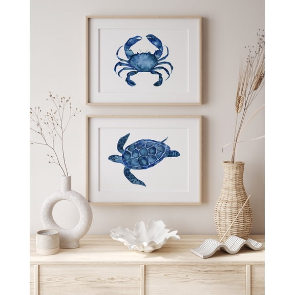 Indigo Sea Life Watercolor Art Prints Marine Beach Decor Turtle Crab Set 2