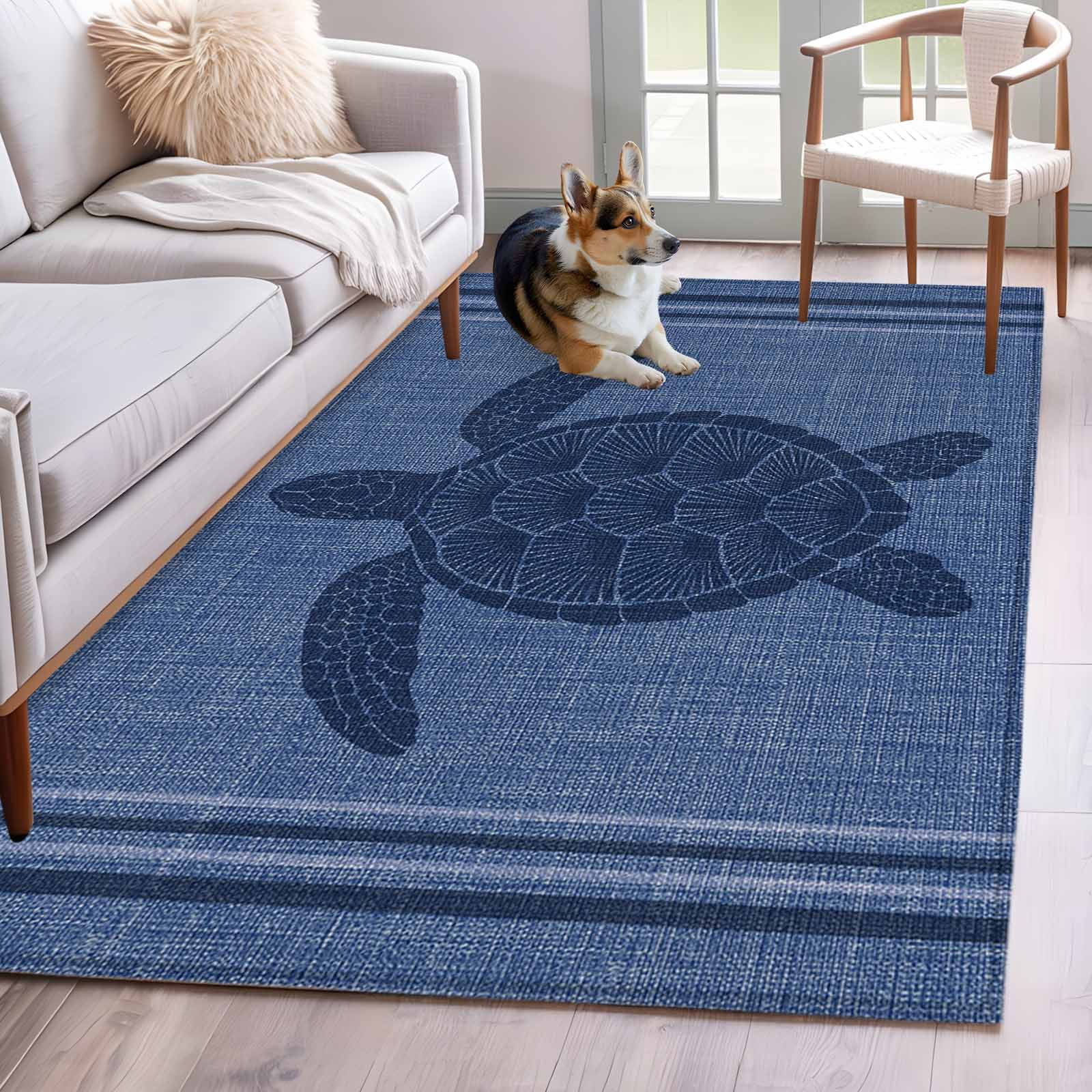 Blue Turtle Rug Indigo Sea Turtle 3x5 Area Rugs for Living Room, Coastal Marine Life ...