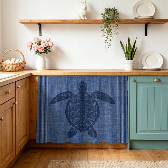 Indigo Sea Turtle Cabinet Curtains 10" W x 11" L Coastal Marine Life Navy Blue Border Waterproof Adhesive Kitchen Under Sink Curtain Dust-Proof Dishwasher Skirt for Closet
