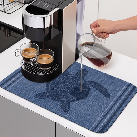 Indigo Sea Turtle Dish Drying Mats for Kitchen Counter, Coastal Marine Life Navy Blue Border Absorbent Coffee Bar Mat with Non-slip Rubber Backed Quick Drying Dish Rack Pad 16"x18"