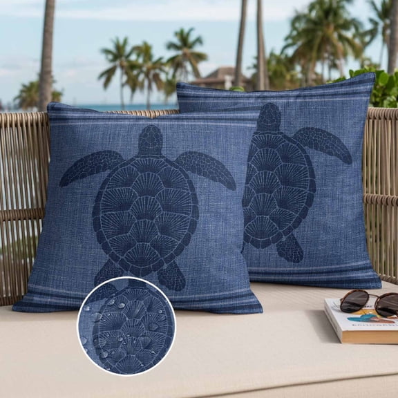 Indigo Sea Turtle Outdoor Waterproof Throw Pillow Covers Set of 2, 26"x26", Coastal Marine Life Navy Blue Border Decorative Pillow Covers Outside Cushion Case for Patio Porch Garden