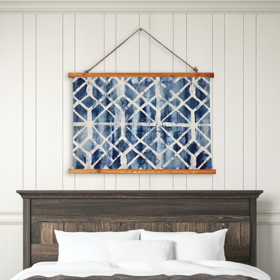 Indigo Shibori Inspired Wood Tapestry Japandi Wall Art Boho Wall Hanging Geometric Textile Art Wabi Sabi Bedroom Decor, Unframed Paper Print