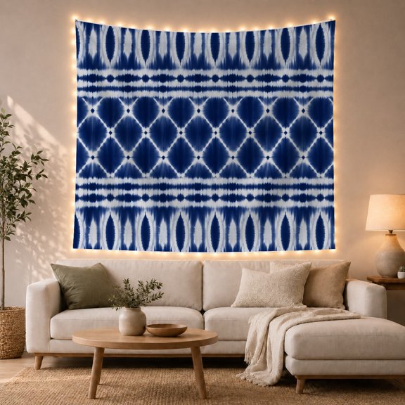 Indigo Shibori Tie Dye Diamond Lattice with Symmetrical Pattern, Nostalgic Folk Art for Boho Enthusiasts, Handcrafted Textile Decor, Housewarming Gift Tapestry Wall Hanging for Bedroom and Dorm