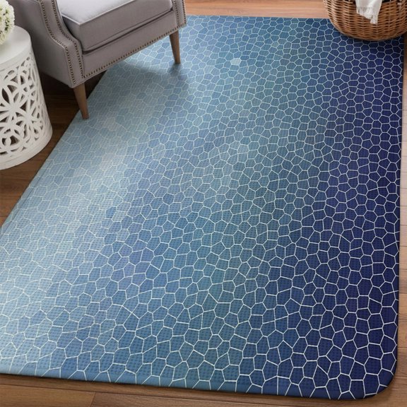 Indigo Sky Blue Mosaic Area Rugs for Living Room 5x6, Minimalist Abstract Hexagonal Grid Gradient Washable Area Rug Non Slip, Stain Resist Linen Carpet for Bedroom, Dining Room, Entryway, Entrance