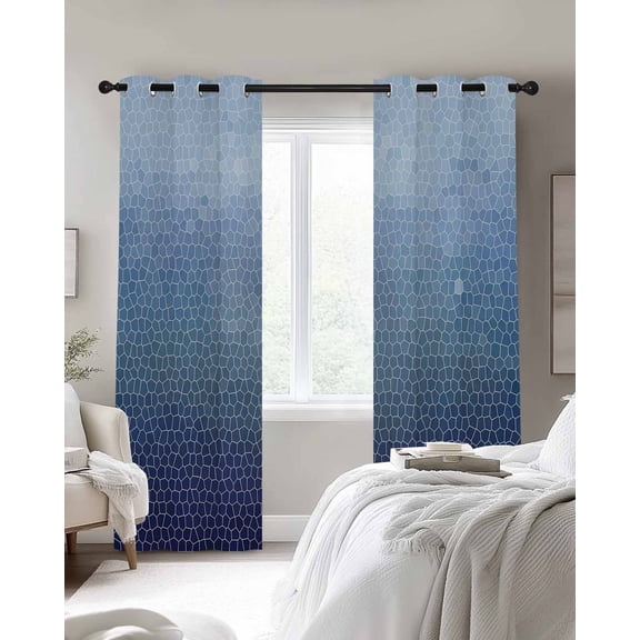 Indigo Sky Blue Mosaic Blackout Curtains 2 Panels, Minimalist Abstract Hexagonal Grid Gradient Thermal Insulated Grommet Window Curtains for Bedroom Living Room 42"x45"