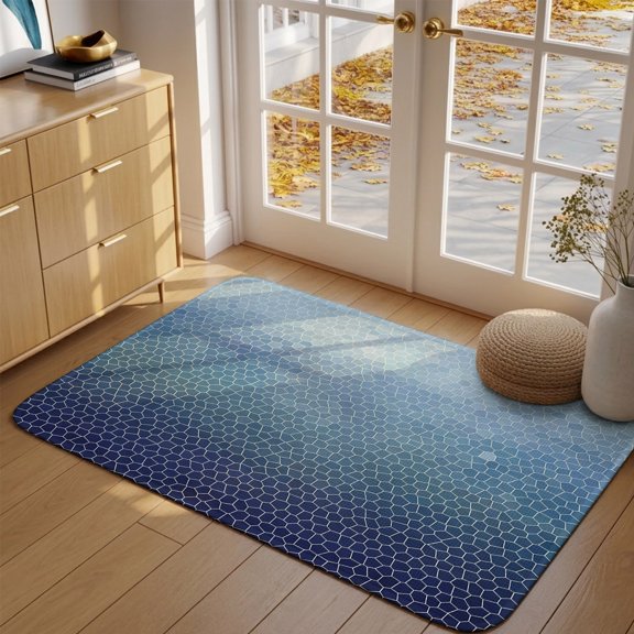 Indigo Sky Blue Mosaic Front Door Mat Indoor Entrance, Minimalist Abstract Hexagonal Grid Gradient Absorbent Dirt Resist Welcome Mats Non-Slip Low-Profile Doormat Washable Entry Rug Indoor 17x30 Inch
