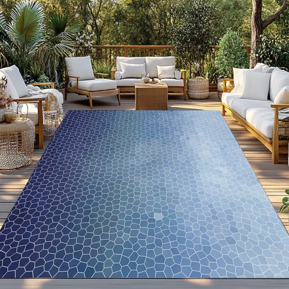 Indigo Sky Blue Mosaic Indoor Outdoor Rugs 3x5 Ft, Minimalist Abstract Hexagonal Grid Gradient Outdoor Patio Rugs Mat Washable Outside Area Rugs Carpet for Porch Deck RV Camping Pool Balcony Backyard