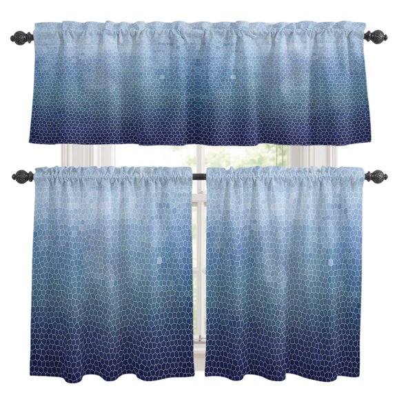 Indigo Sky Blue Mosaic Kitchen Curtains Valances 3 Piece Set, Minimalist Abstract Hexagonal Grid Gradient Rod Pocket Tier Curtain and Valance Drapes for Small Window 24 Inch Length for Bedroom Cafe